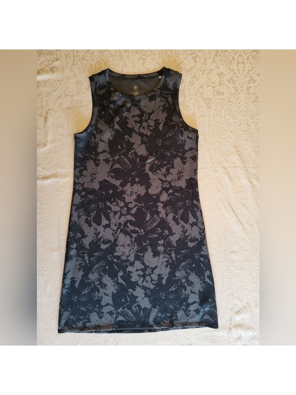 GAIAM Black and Gray Floral Pattern Sleeveless Tank Mini Dress, NWT, Small